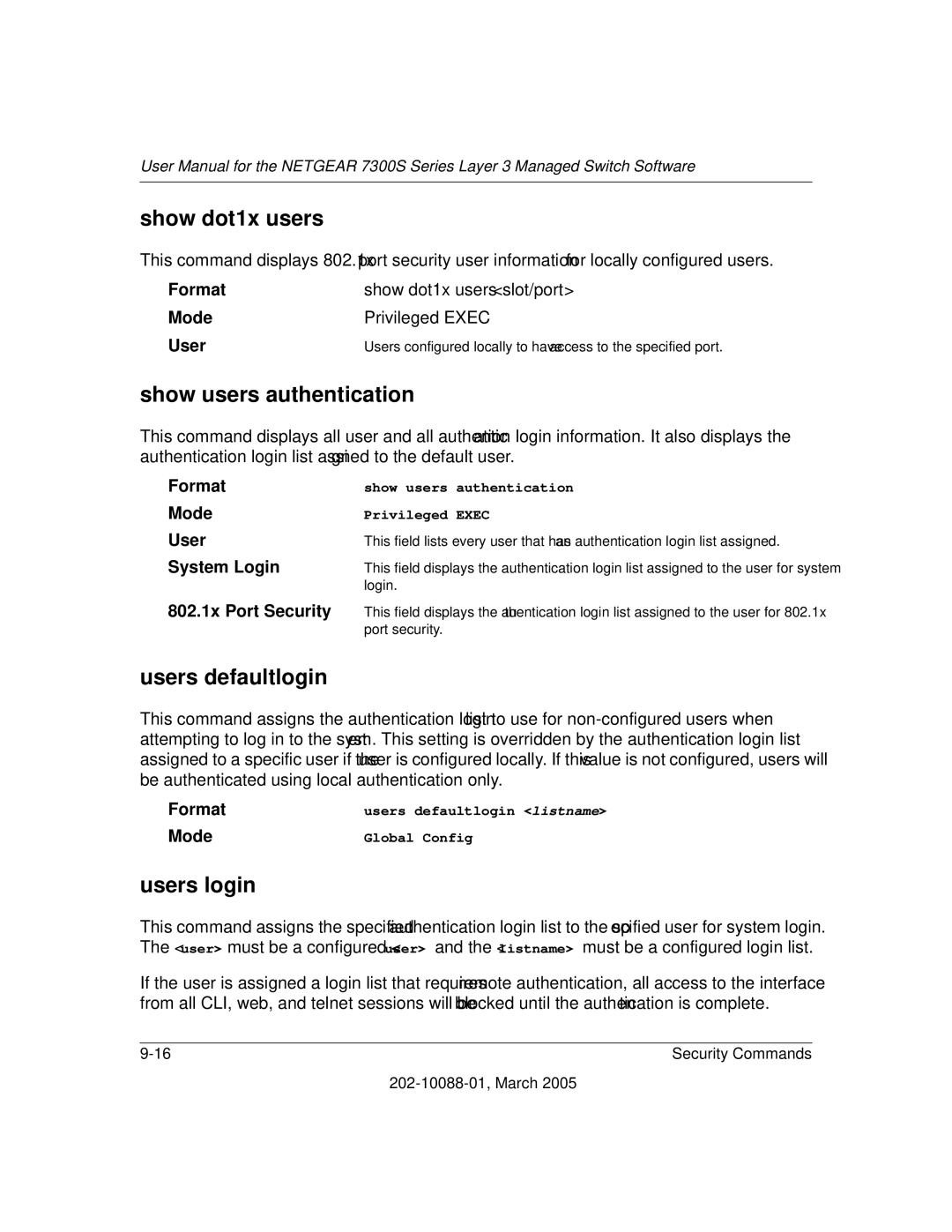 NETGEAR NETGEAR user manual Show dot1x users, Show users authentication, Users defaultlogin, Users login 