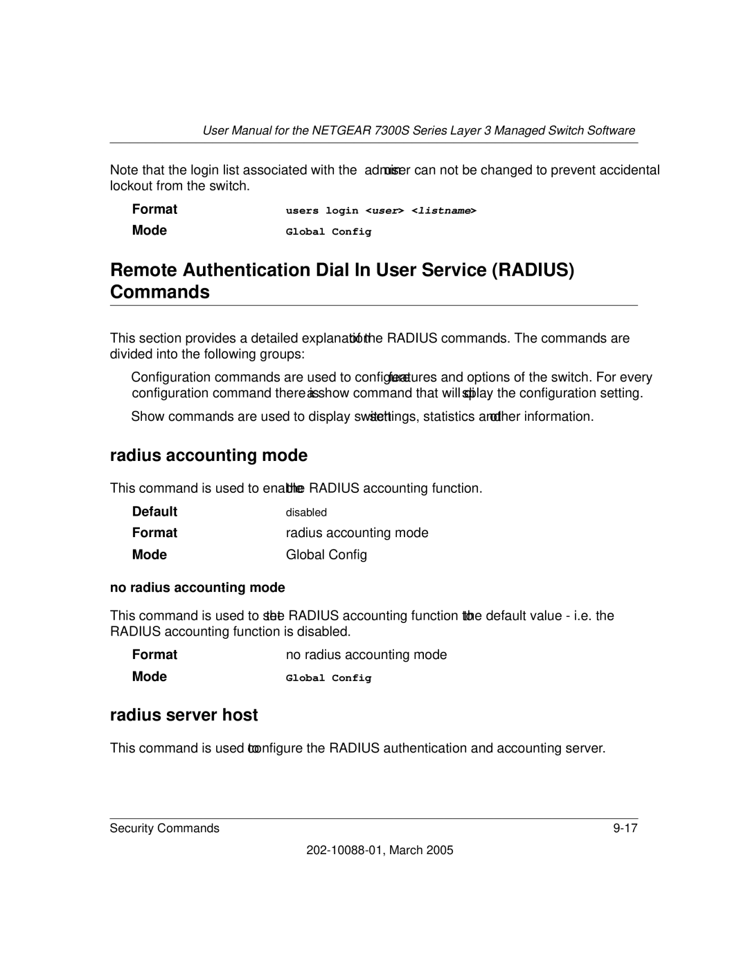 NETGEAR NETGEAR Remote Authentication Dial In User Service Radius Commands, Radius accounting mode, Radius server host 