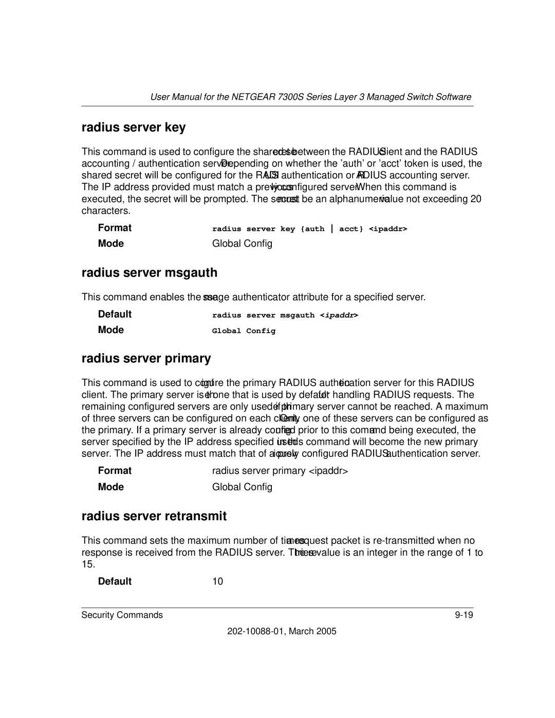 NETGEAR NETGEAR Radius server key, Radius server msgauth, Radius server primary, Radius server retransmit, Default10 