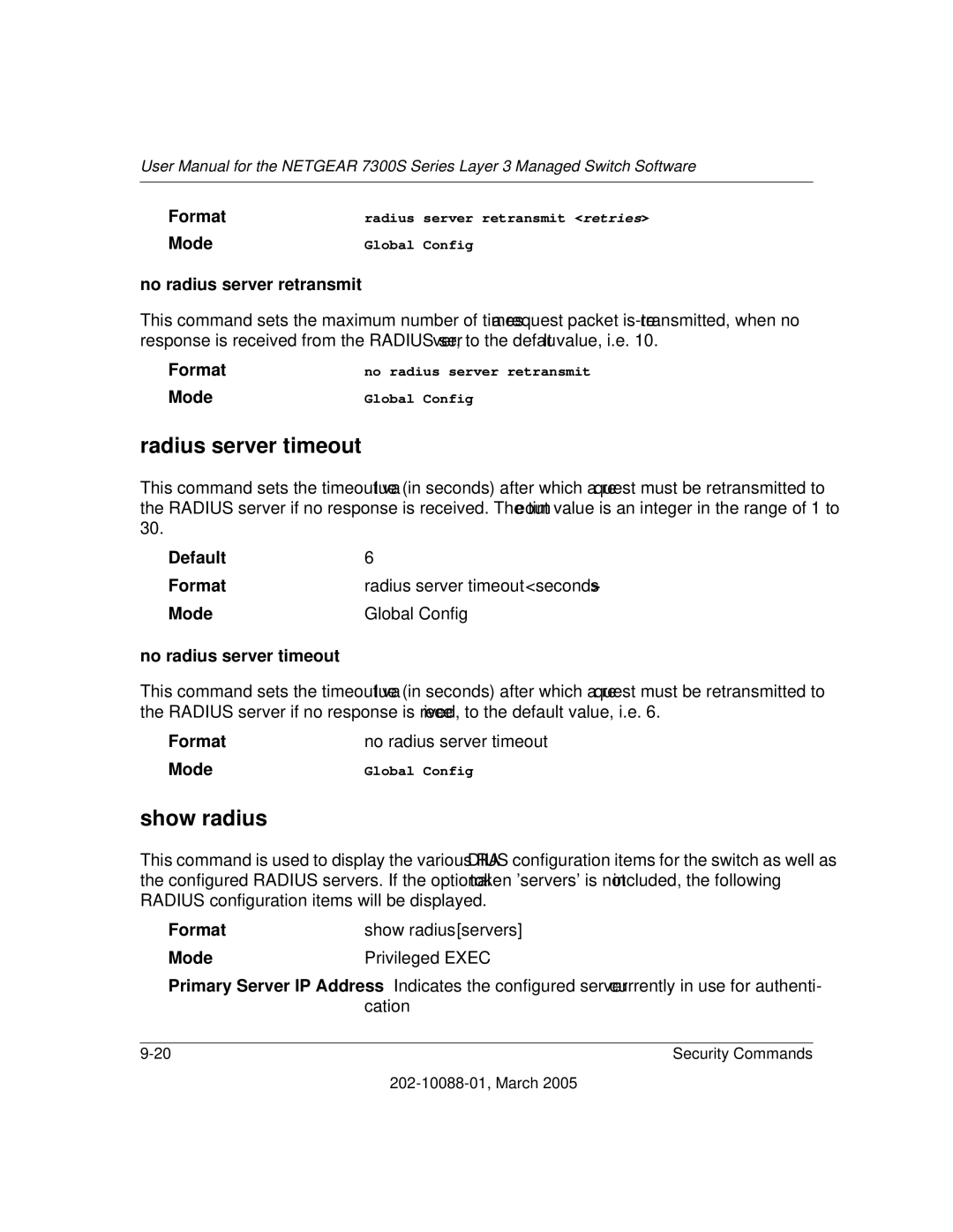 NETGEAR NETGEAR user manual Radius server timeout, Show radius, No radius server retransmit, No radius server timeout 