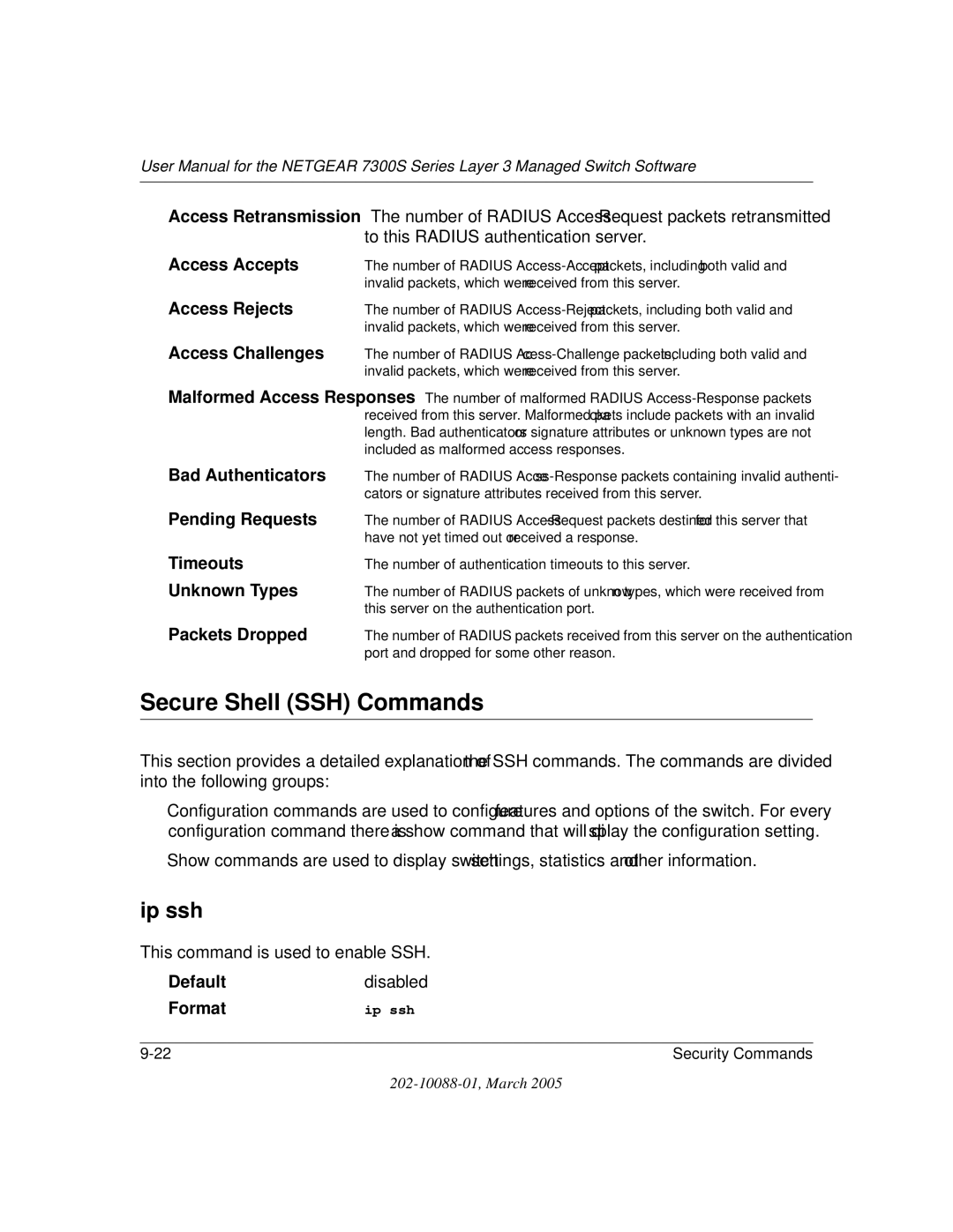 NETGEAR NETGEAR user manual Secure Shell SSH Commands, Ip ssh, Access Accepts, Access Rejects, Access Challenges 