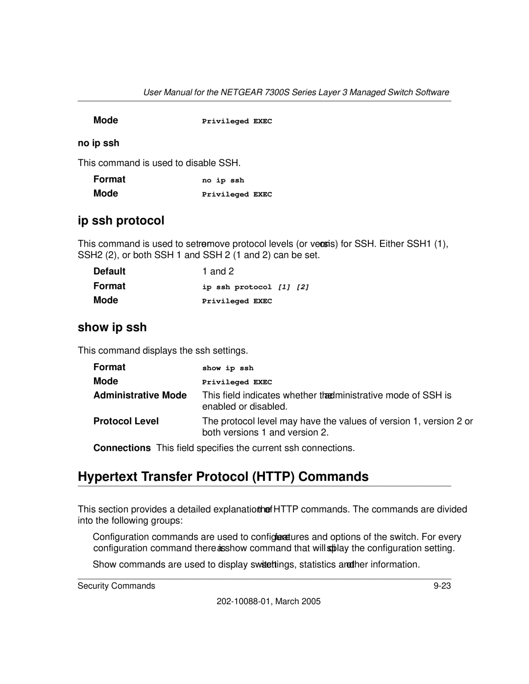 NETGEAR NETGEAR user manual Hypertext Transfer Protocol Http Commands, Ip ssh protocol, Show ip ssh 