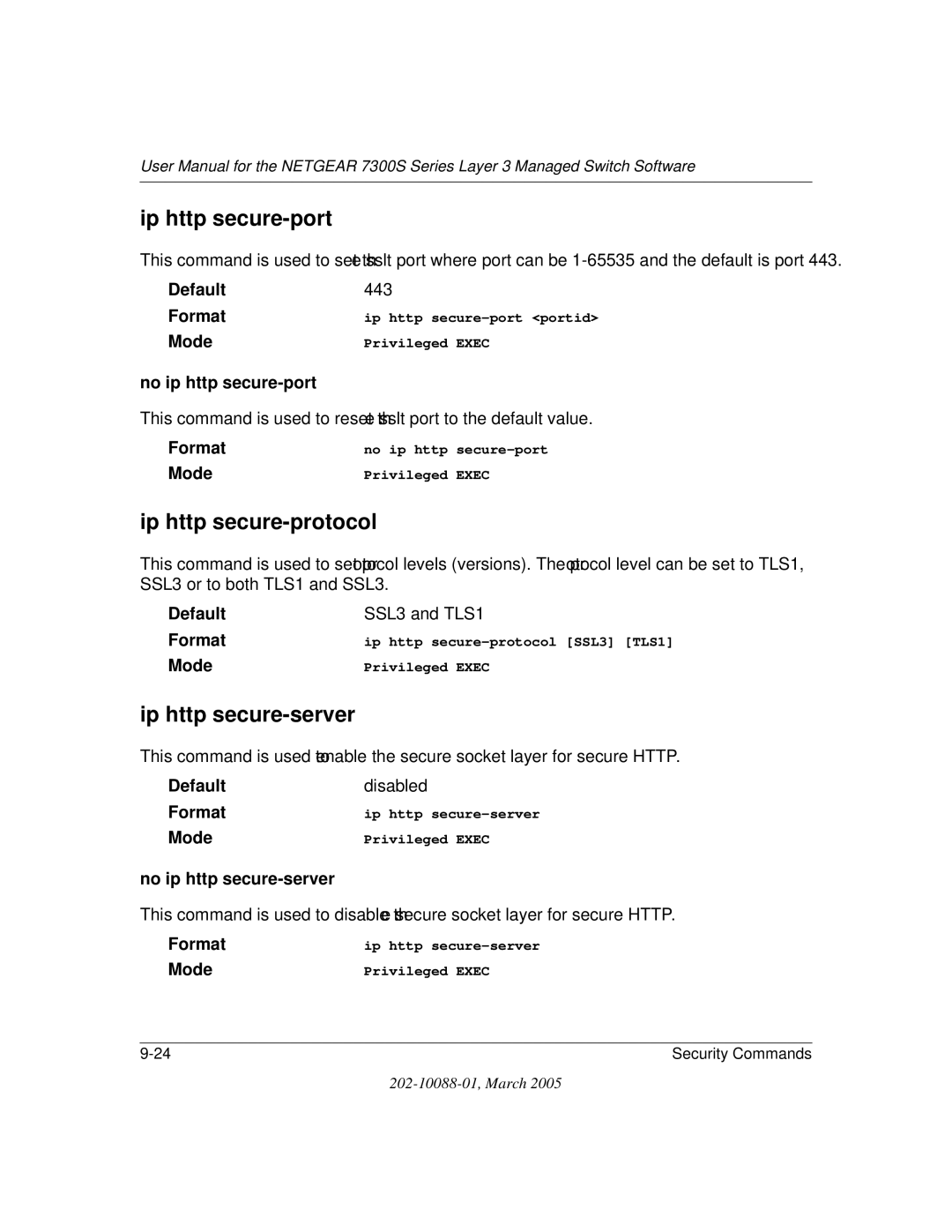 NETGEAR NETGEAR user manual Ip http secure-port, Ip http secure-protocol, Ip http secure-server, No ip http secure-port 