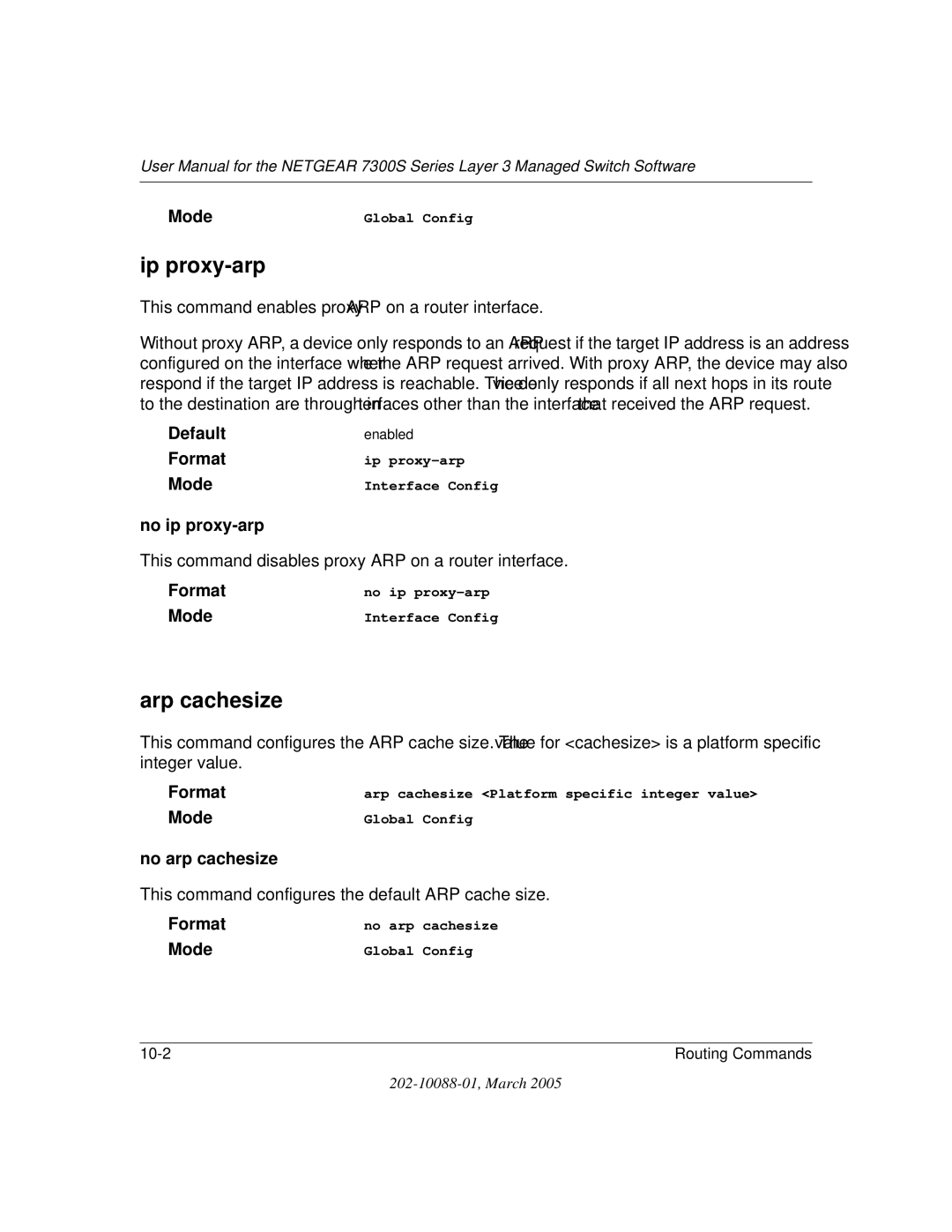 NETGEAR NETGEAR user manual Ip proxy-arp, Arp cachesize, No ip proxy-arp, No arp cachesize 