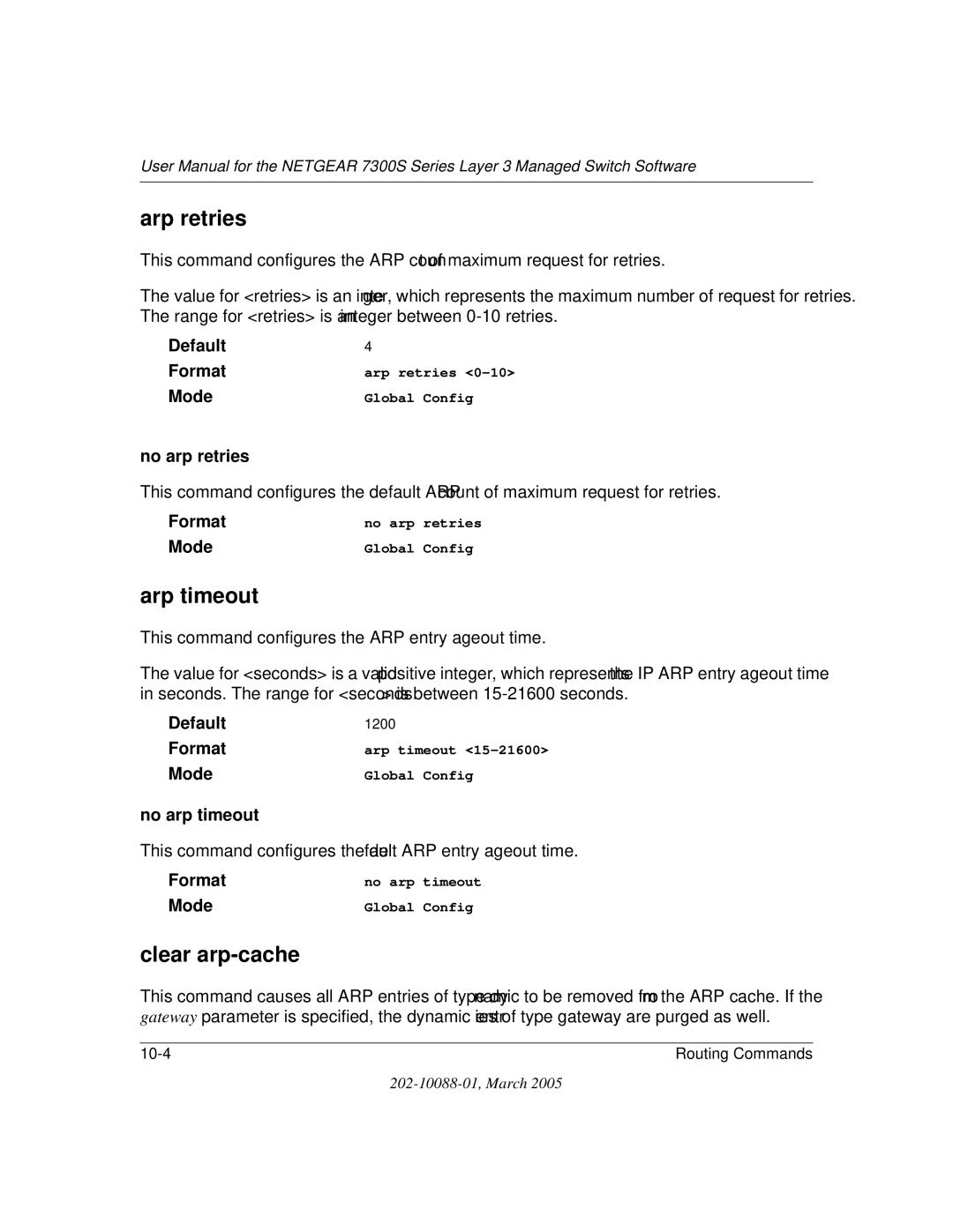 NETGEAR NETGEAR user manual Arp retries, Arp timeout, Clear arp-cache, No arp retries, No arp timeout 