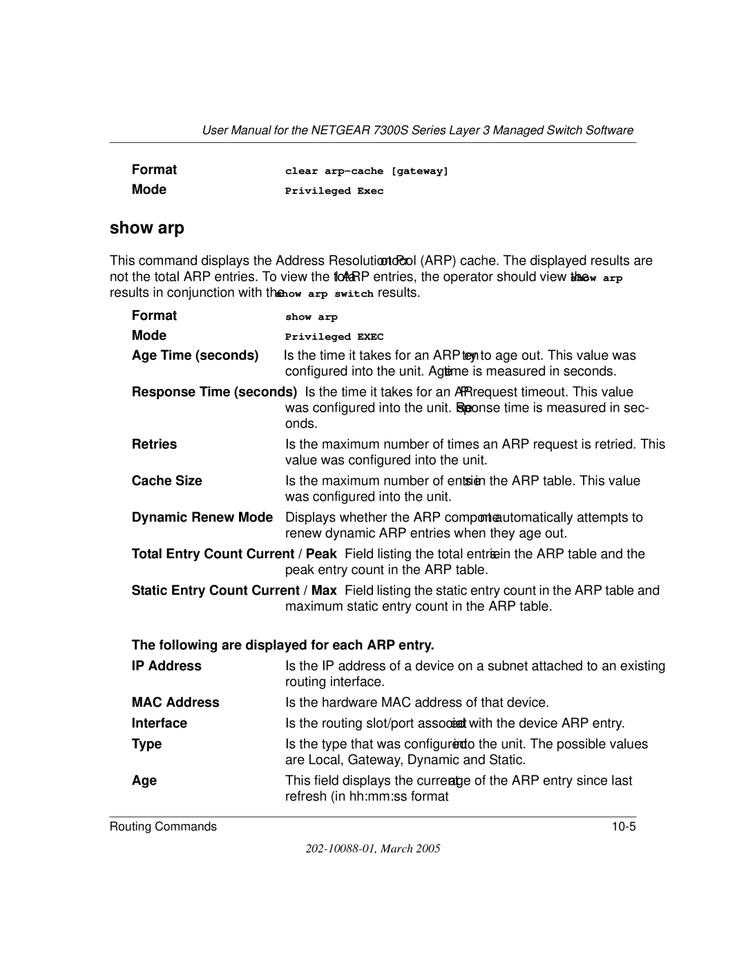 NETGEAR NETGEAR user manual Show arp, Age Time seconds, Retries, Cache Size 