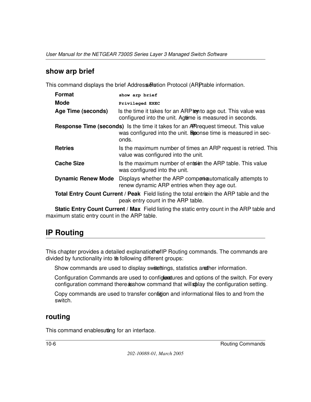 NETGEAR NETGEAR user manual IP Routing, Show arp brief 