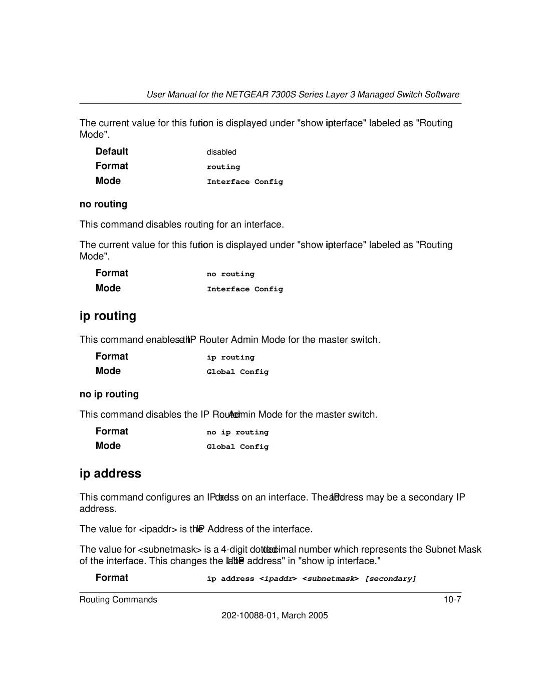 NETGEAR NETGEAR user manual Ip routing, Ip address, No routing, No ip routing 