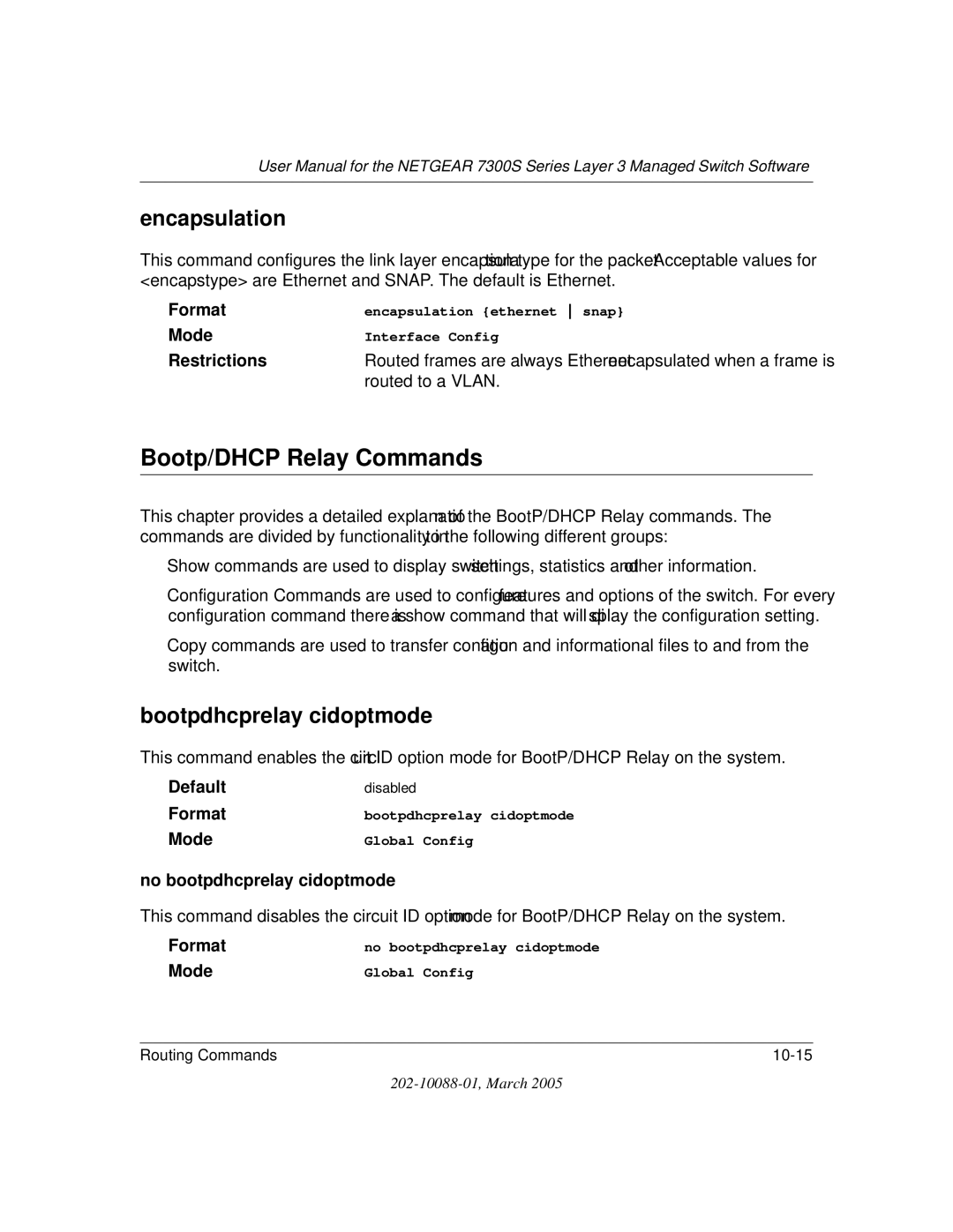 NETGEAR NETGEAR user manual Bootp/DHCP Relay Commands, Encapsulation, Bootpdhcprelay cidoptmode, Restrictions 