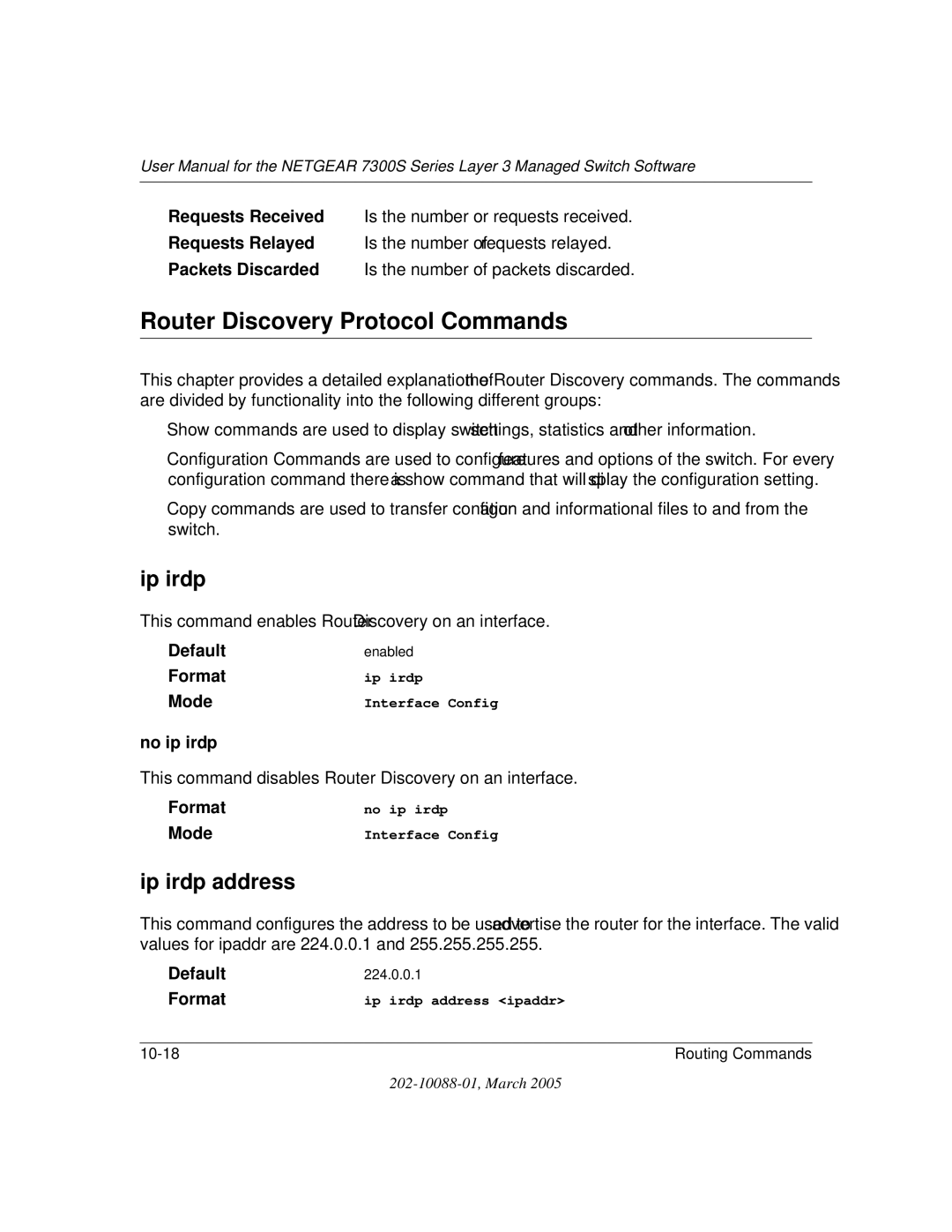 NETGEAR NETGEAR user manual Router Discovery Protocol Commands, Ip irdp address, No ip irdp 