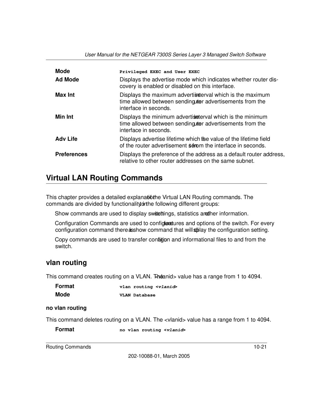 NETGEAR NETGEAR user manual Virtual LAN Routing Commands, Vlan routing 