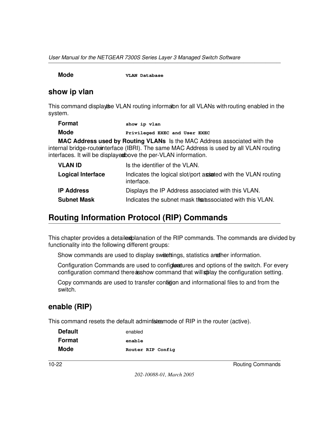 NETGEAR NETGEAR user manual Routing Information Protocol RIP Commands, Show ip vlan, Enable RIP, Logical Interface 