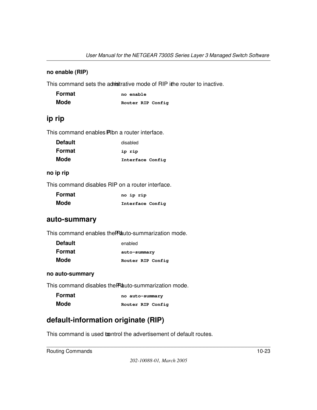 NETGEAR NETGEAR user manual Ip rip, Auto-summary, Default-information originate RIP 