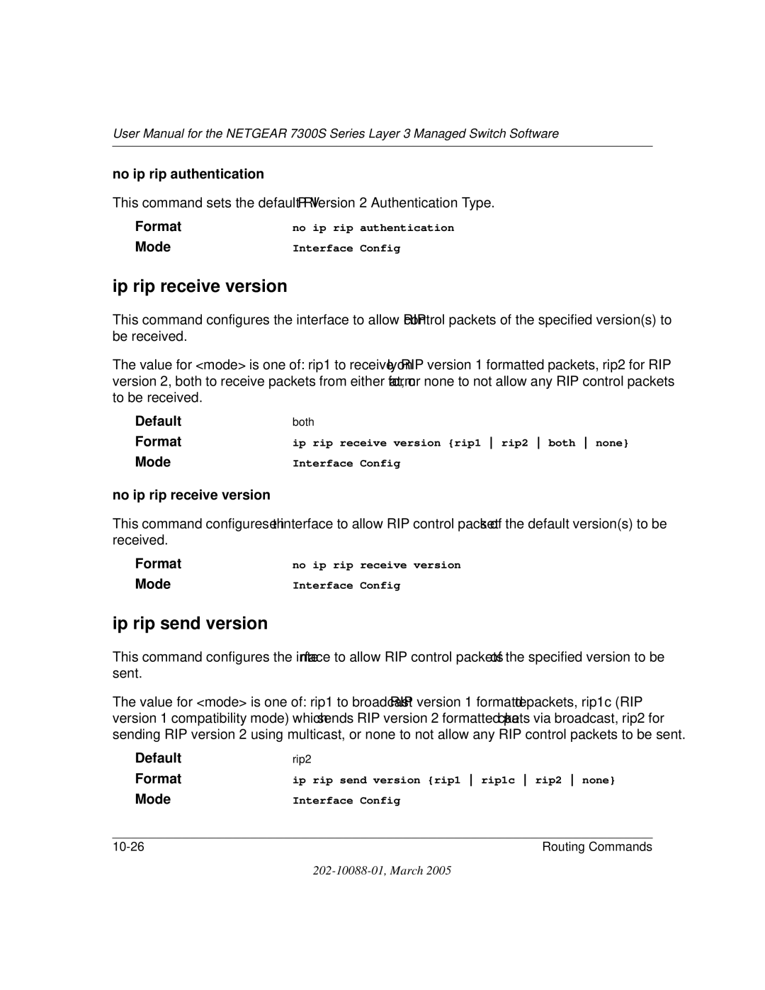 NETGEAR NETGEAR Ip rip receive version, Ip rip send version, No ip rip authentication, No ip rip receive version 