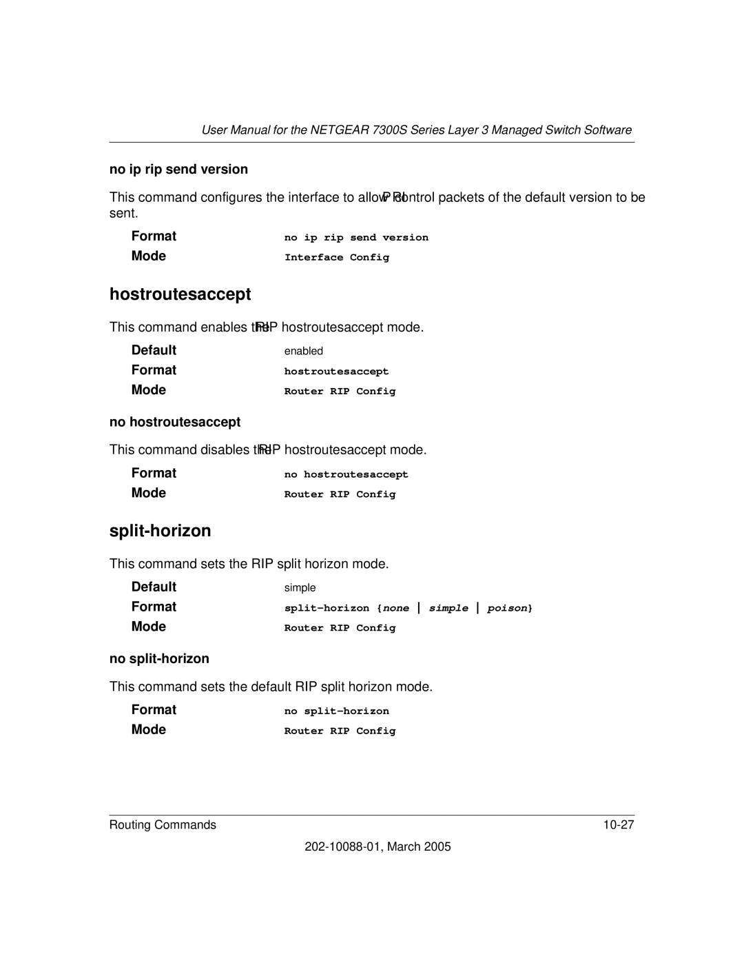 NETGEAR NETGEAR user manual Hostroutesaccept, Split-horizon, No ip rip send version, No hostroutesaccept, No split-horizon 