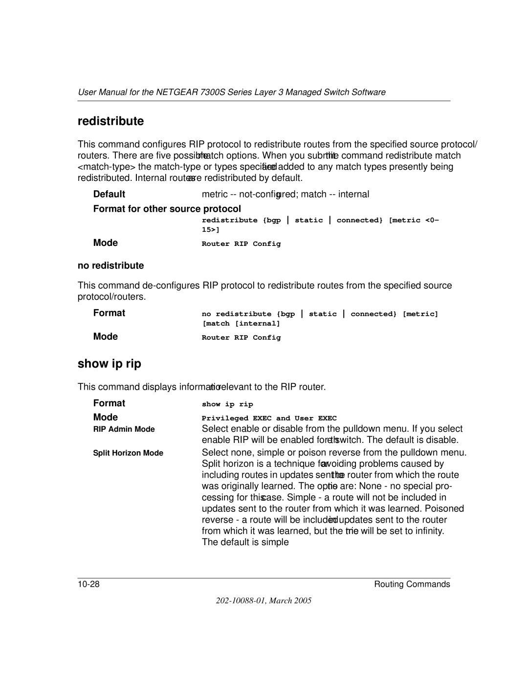 NETGEAR NETGEAR user manual Redistribute, Show ip rip, Format for other source protocol, No redistribute 