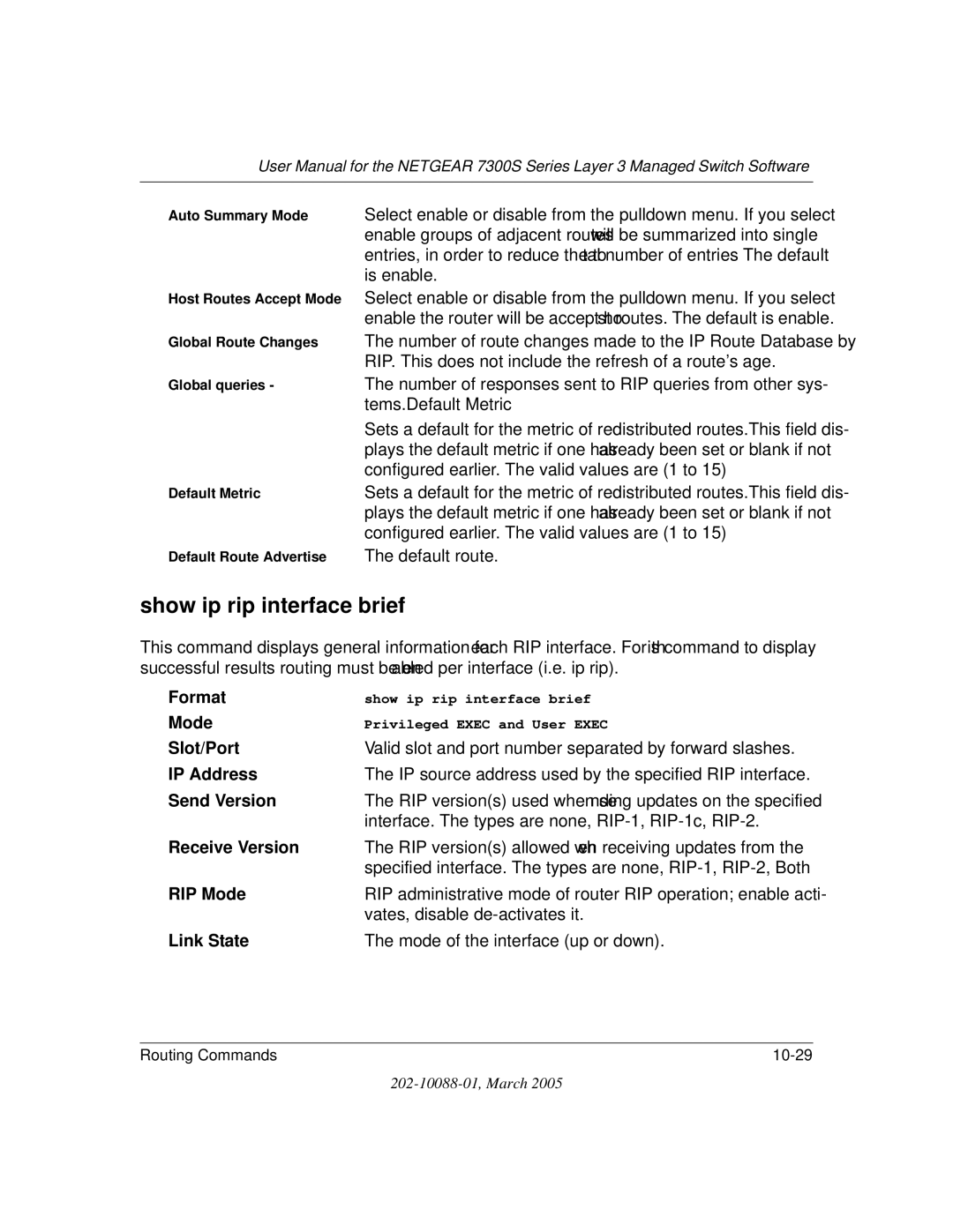 NETGEAR NETGEAR user manual Show ip rip interface brief, Send Version, Receive Version, RIP Mode 