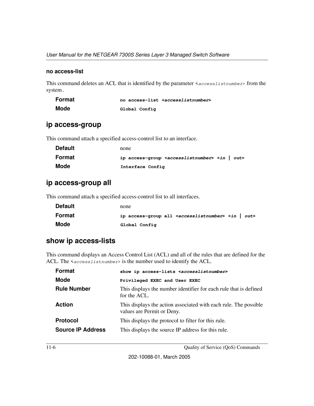 NETGEAR NETGEAR user manual Ip access-group all, Show ip access-lists 