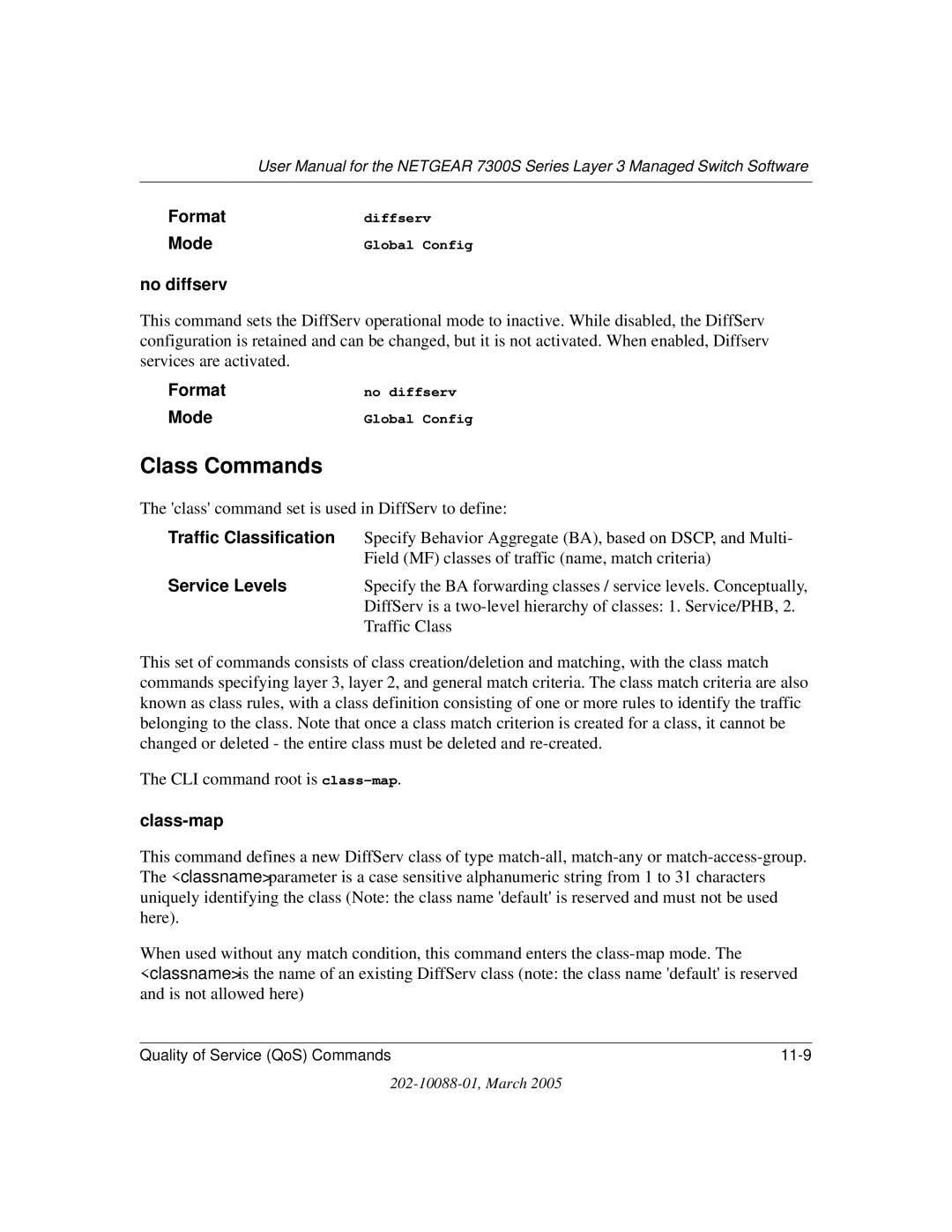 NETGEAR NETGEAR user manual Class Commands, No diffserv, Traffic Classification, Service Levels, Class-map 