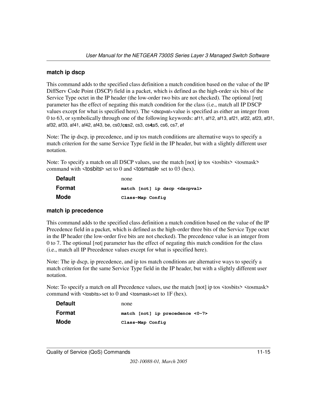 NETGEAR NETGEAR user manual Match ip dscp, Match ip precedence 