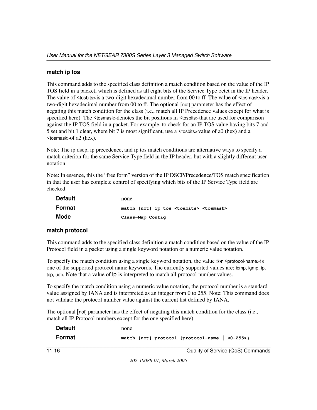 NETGEAR NETGEAR user manual Match ip tos, Match protocol 