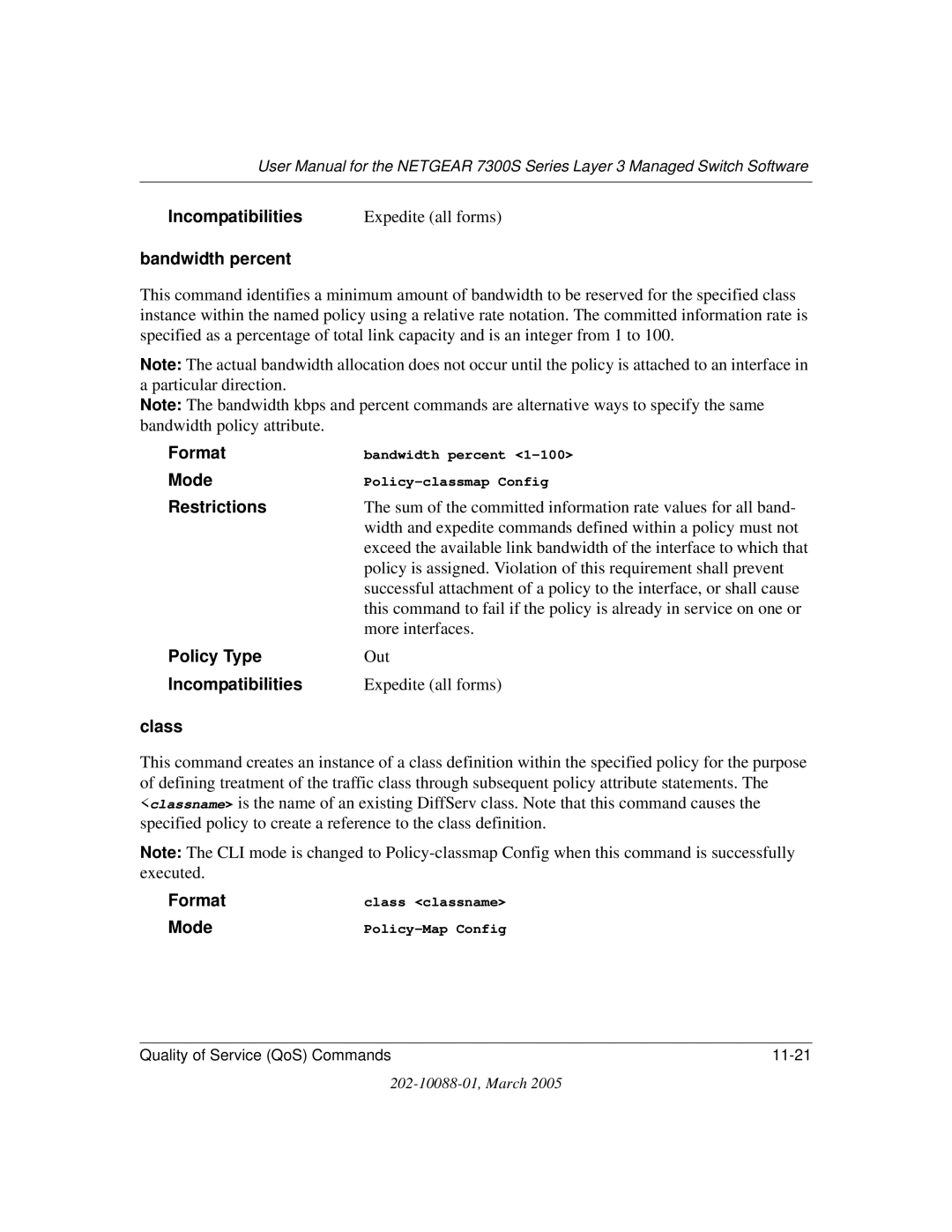 NETGEAR NETGEAR user manual Incompatibilities, Bandwidth percent, Class 