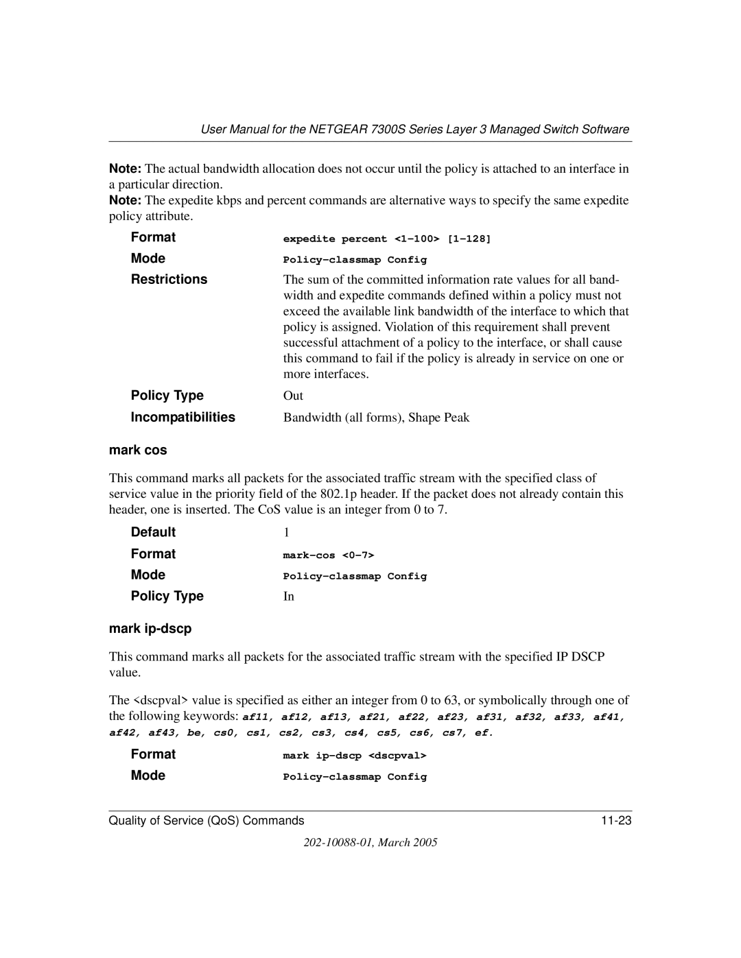 NETGEAR NETGEAR user manual Mark cos, Policy Type Mark ip-dscp 