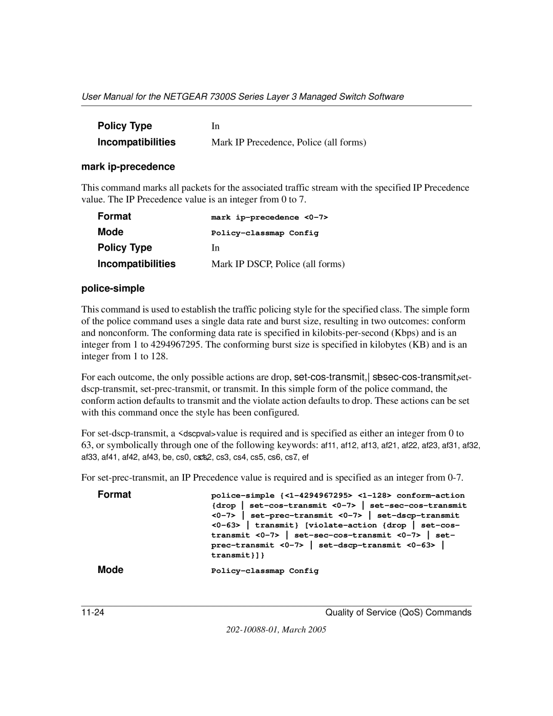 NETGEAR NETGEAR user manual Policy Type Incompatibilities, Mark ip-precedence, Police-simple 