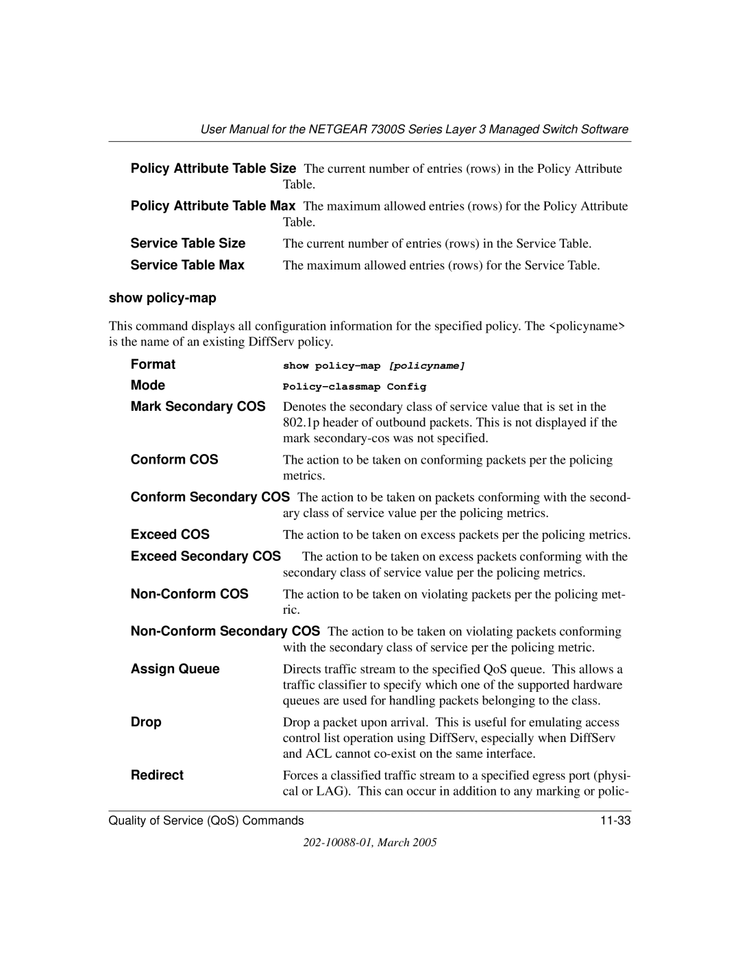 NETGEAR NETGEAR user manual Show policy-map, Conform COS, Assign Queue 