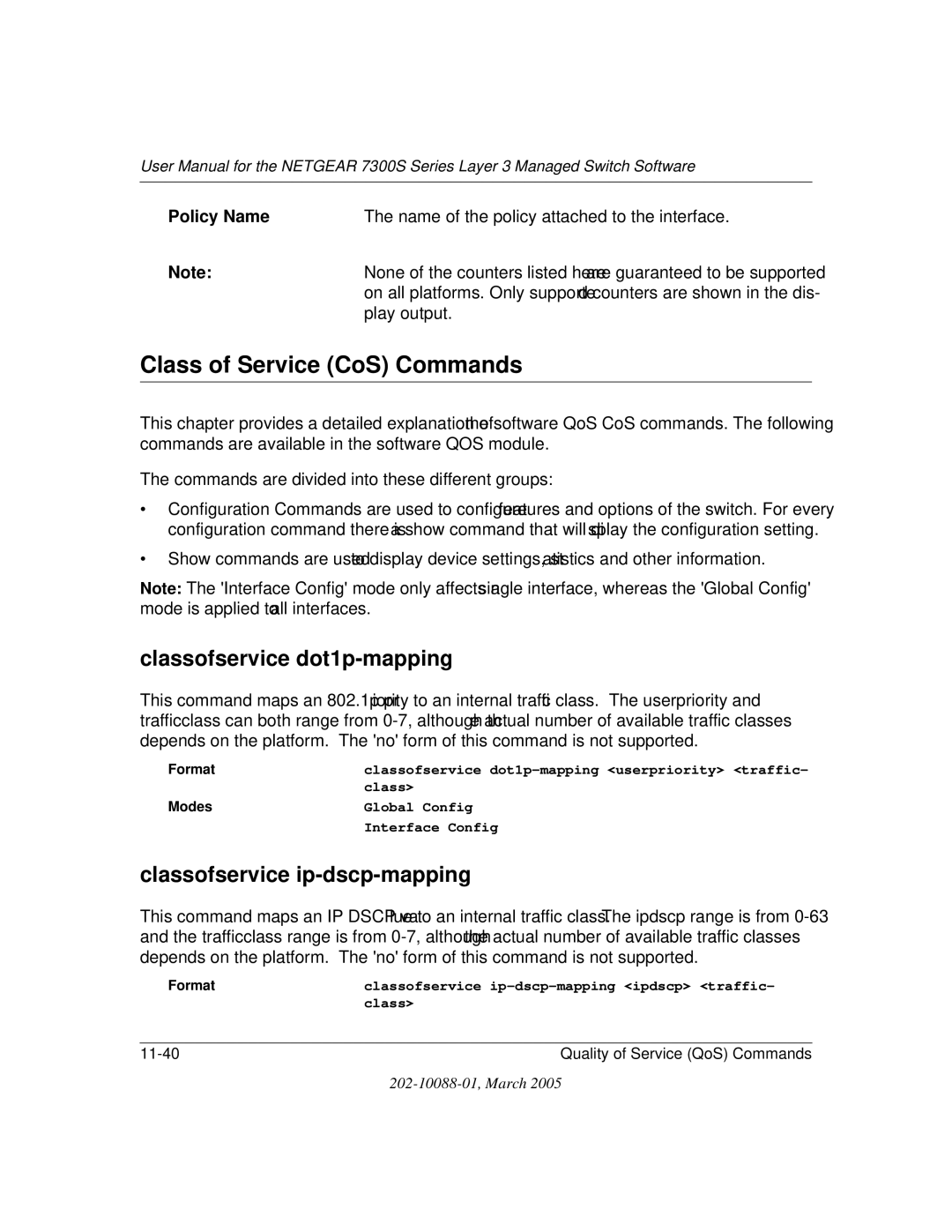 NETGEAR NETGEAR user manual Class of Service CoS Commands, Classofservice dot1p-mapping, Classofservice ip-dscp-mapping 