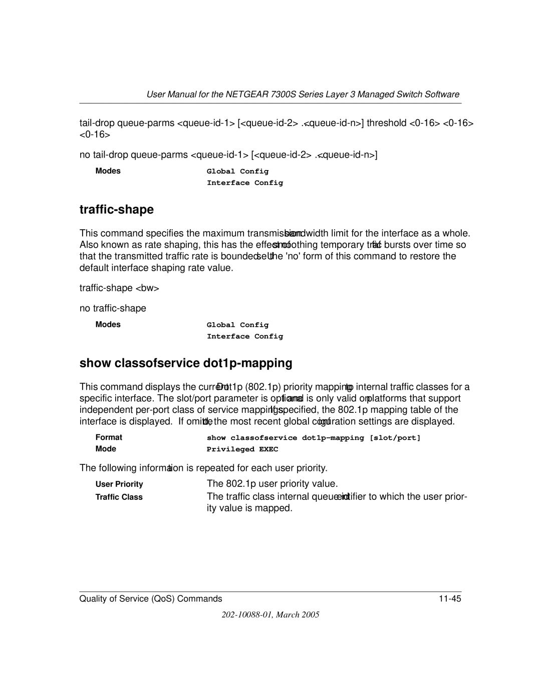 NETGEAR NETGEAR user manual Traffic-shape, Show classofservice dot1p-mapping 