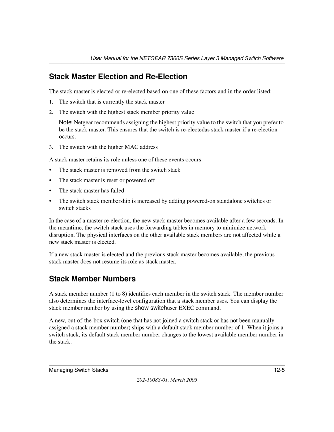 NETGEAR NETGEAR user manual Stack Master Election and Re-Election, Stack Member Numbers 