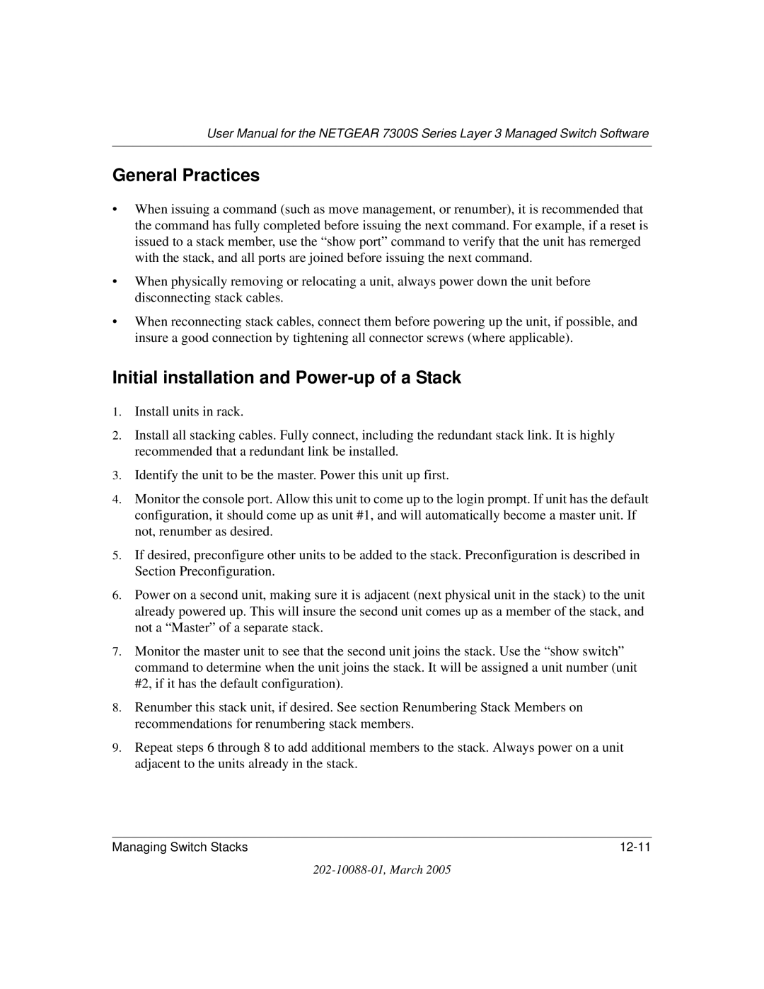 NETGEAR NETGEAR user manual General Practices, Initial installation and Power-up of a Stack 