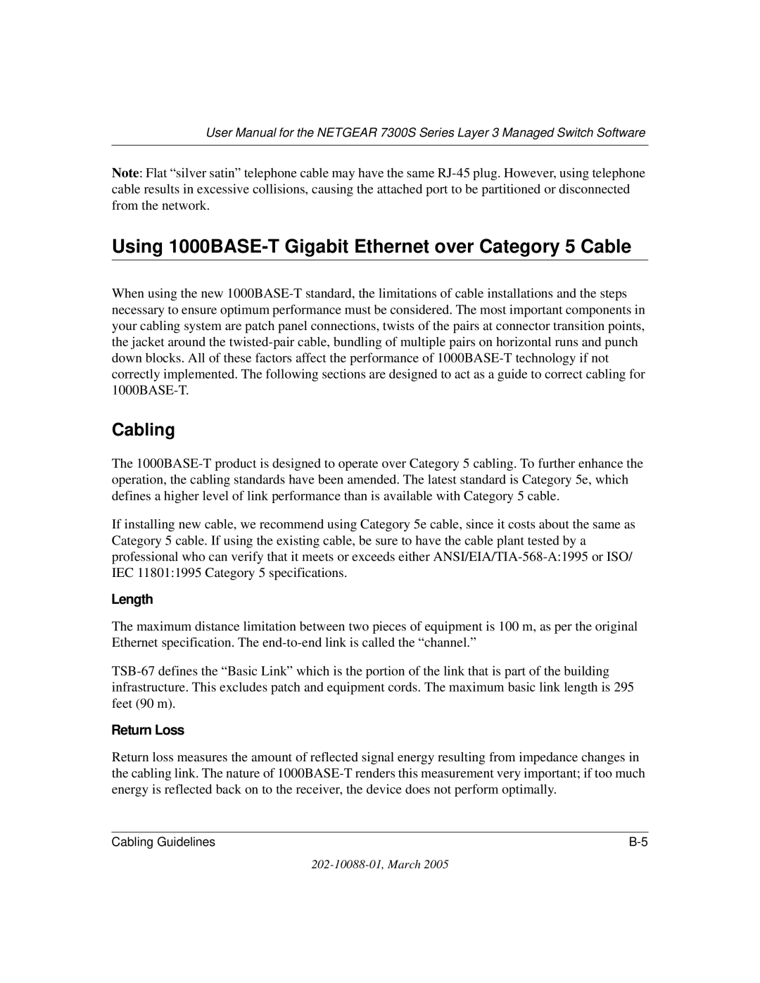 NETGEAR NETGEAR user manual Using 1000BASE-T Gigabit Ethernet over Category 5 Cable, Cabling, Length, Return Loss 