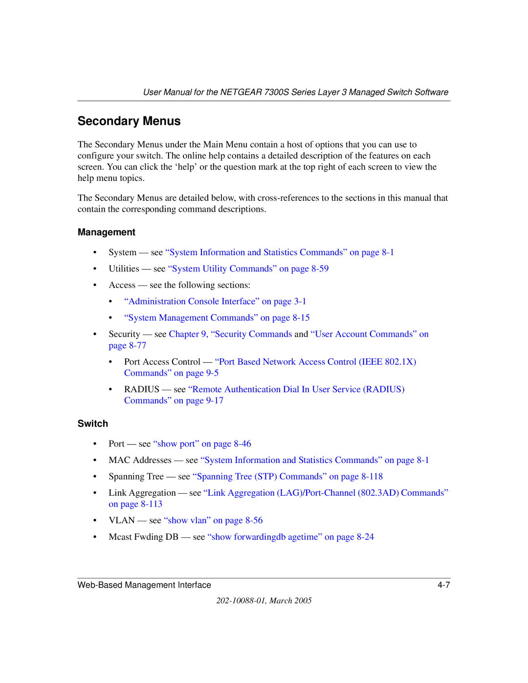 NETGEAR NETGEAR user manual Secondary Menus, Management, Switch 