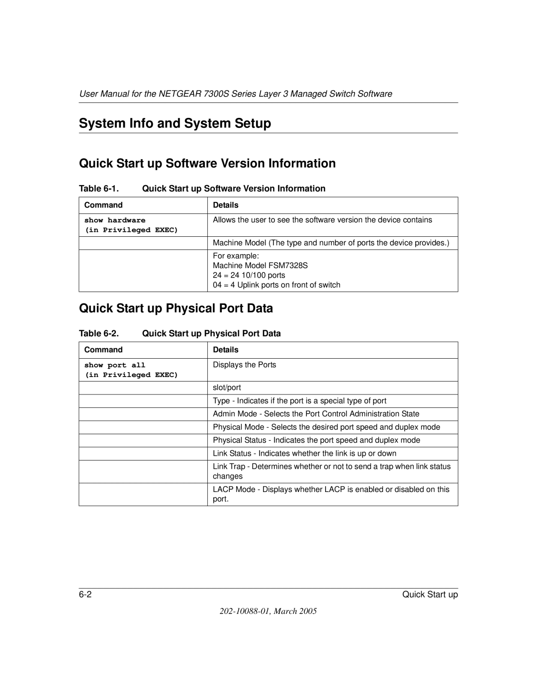 NETGEAR NETGEAR user manual System Info and System Setup, Quick Start up Software Version Information 