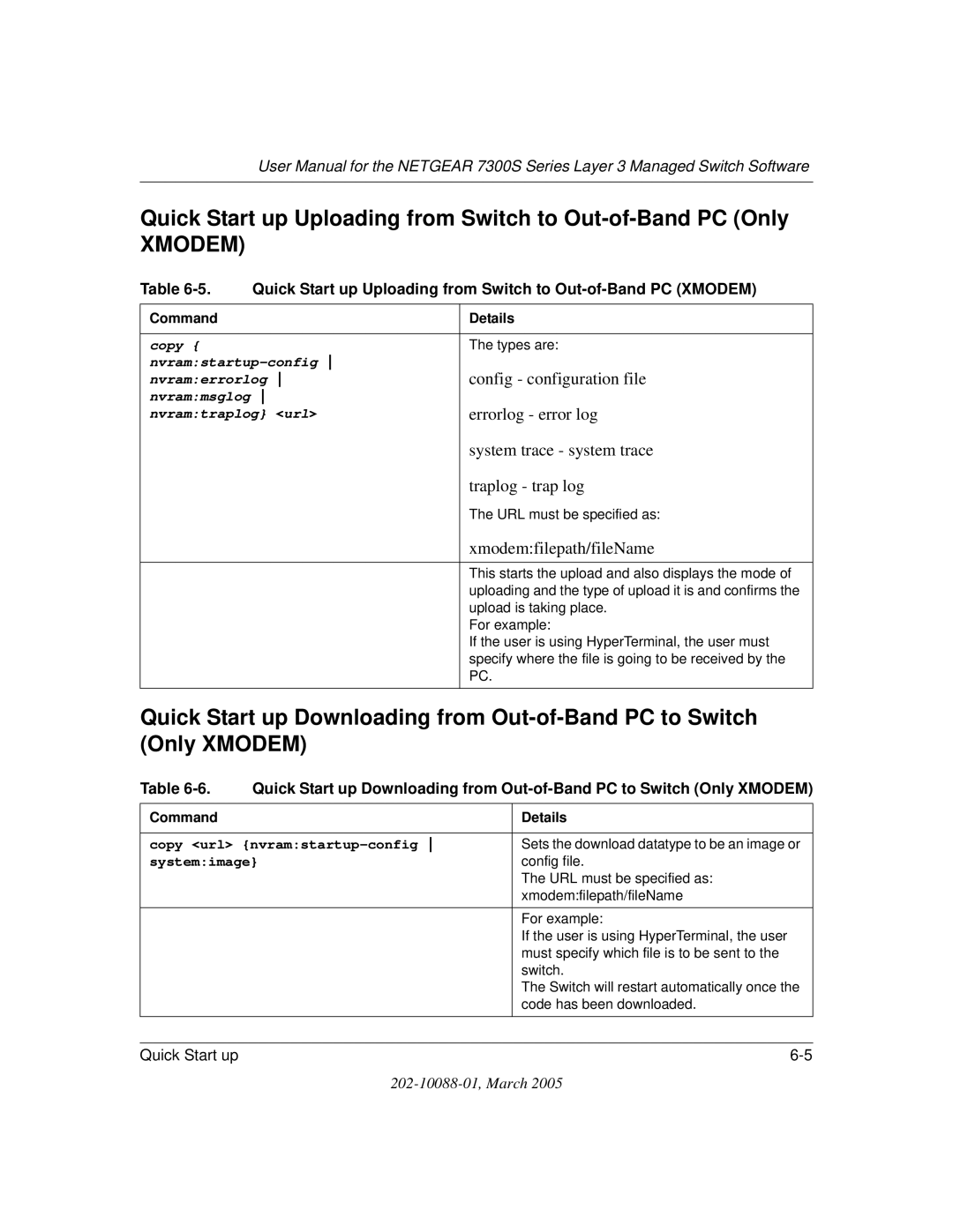 NETGEAR NETGEAR user manual Quick Start up Uploading from Switch to Out-of-Band PC Only, Xmodem 