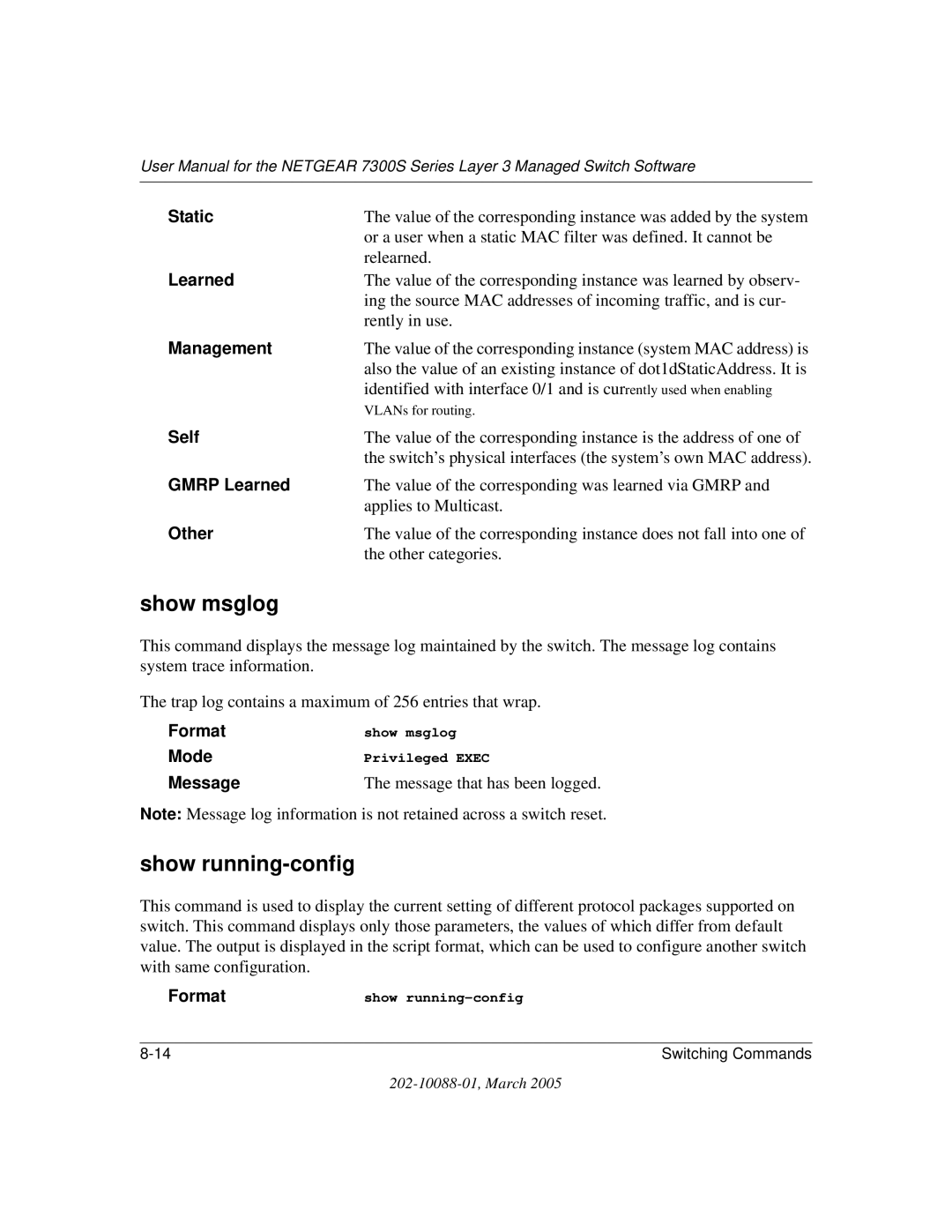 NETGEAR NETGEAR user manual Show msglog, Show running-config 