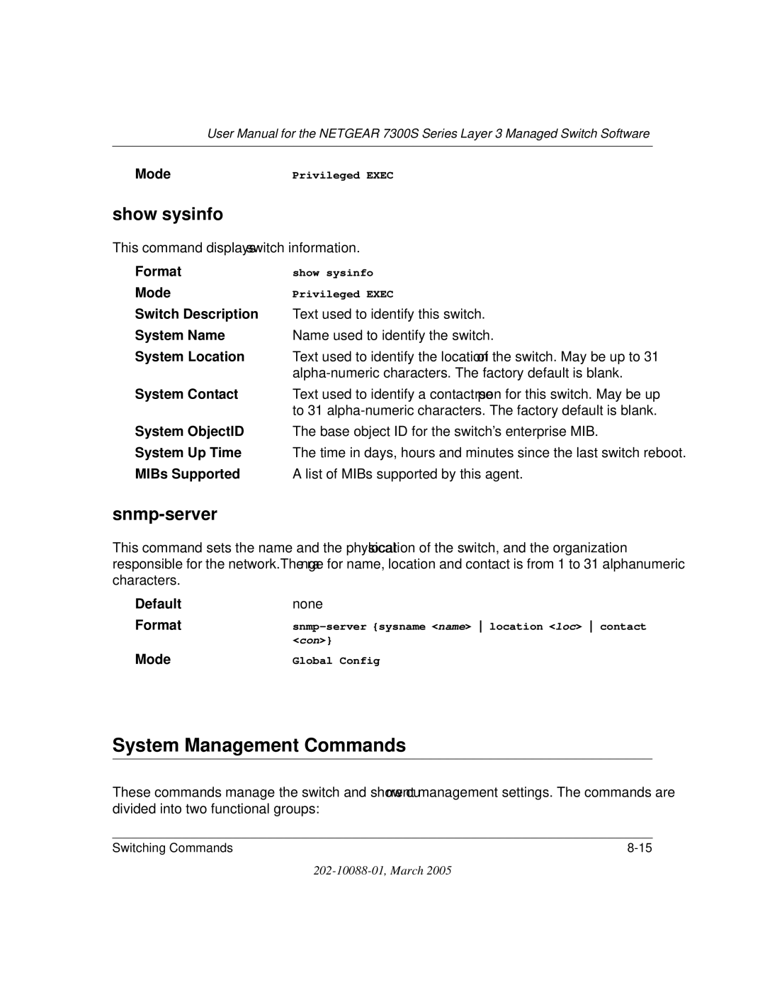 NETGEAR NETGEAR user manual System Management Commands, Show sysinfo, Snmp-server 