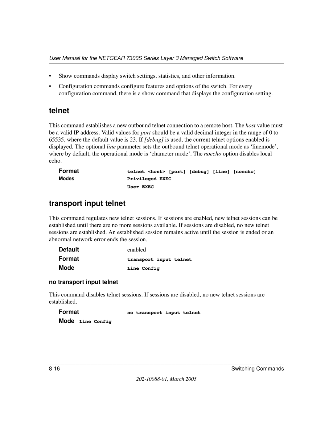 NETGEAR NETGEAR user manual Telnet, Transport input telnet, No transport input telnet 