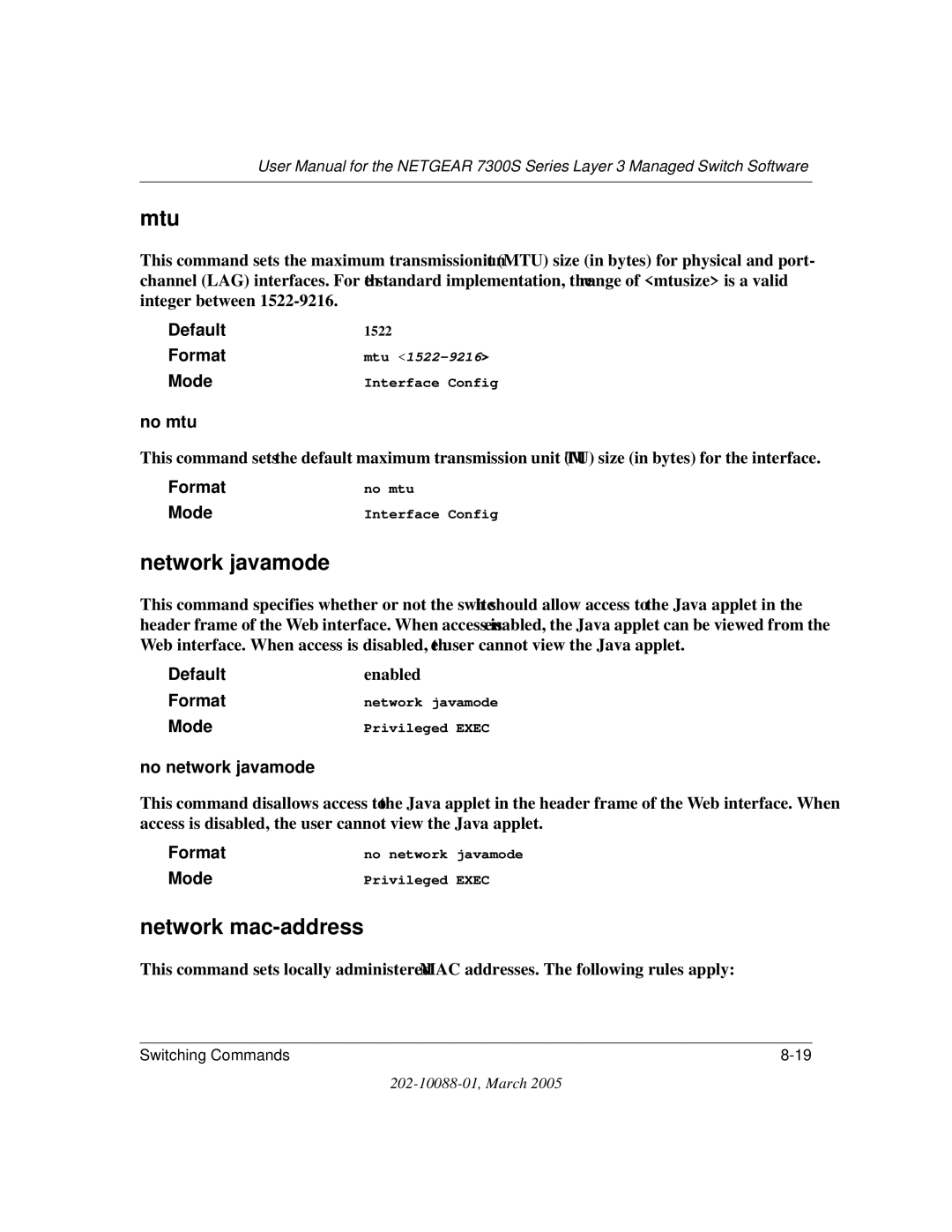 NETGEAR NETGEAR user manual Mtu, Network javamode, Network mac-address, No mtu, No network javamode 