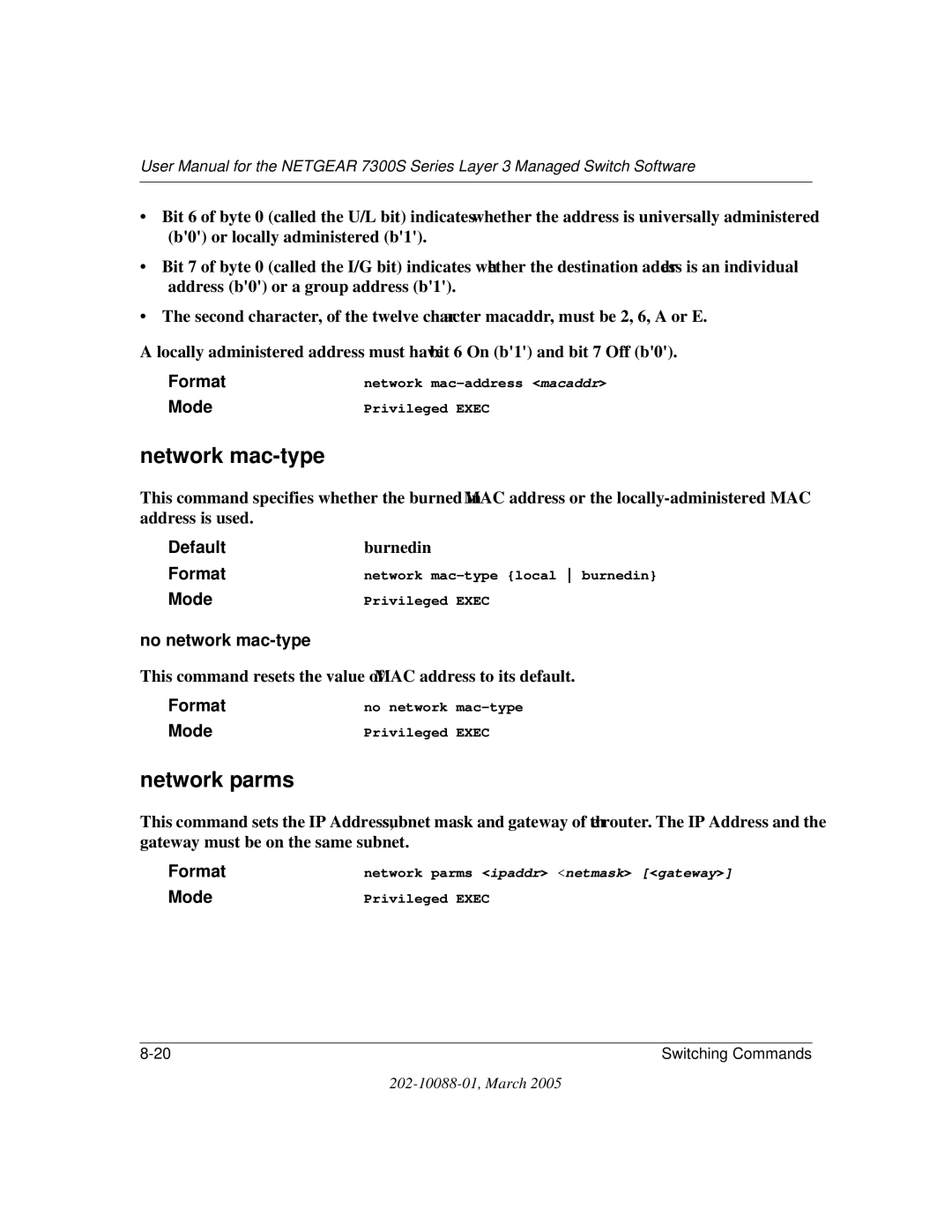 NETGEAR NETGEAR user manual Network mac-type, Network parms, No network mac-type 