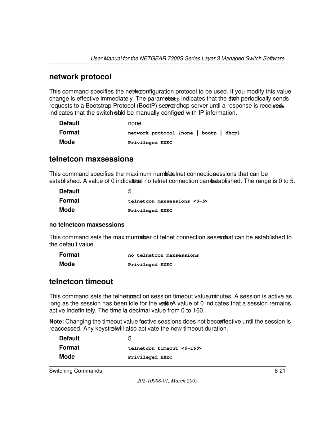 NETGEAR NETGEAR user manual Network protocol, Telnetcon maxsessions, Telnetcon timeout, No telnetcon maxsessions 