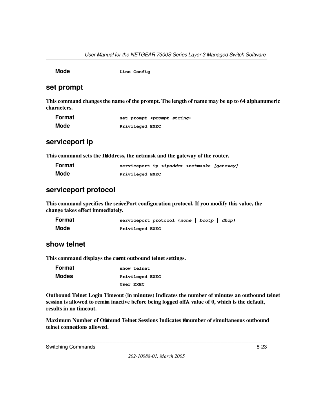 NETGEAR NETGEAR user manual Set prompt, Serviceport ip, Serviceport protocol, Show telnet, Modes 