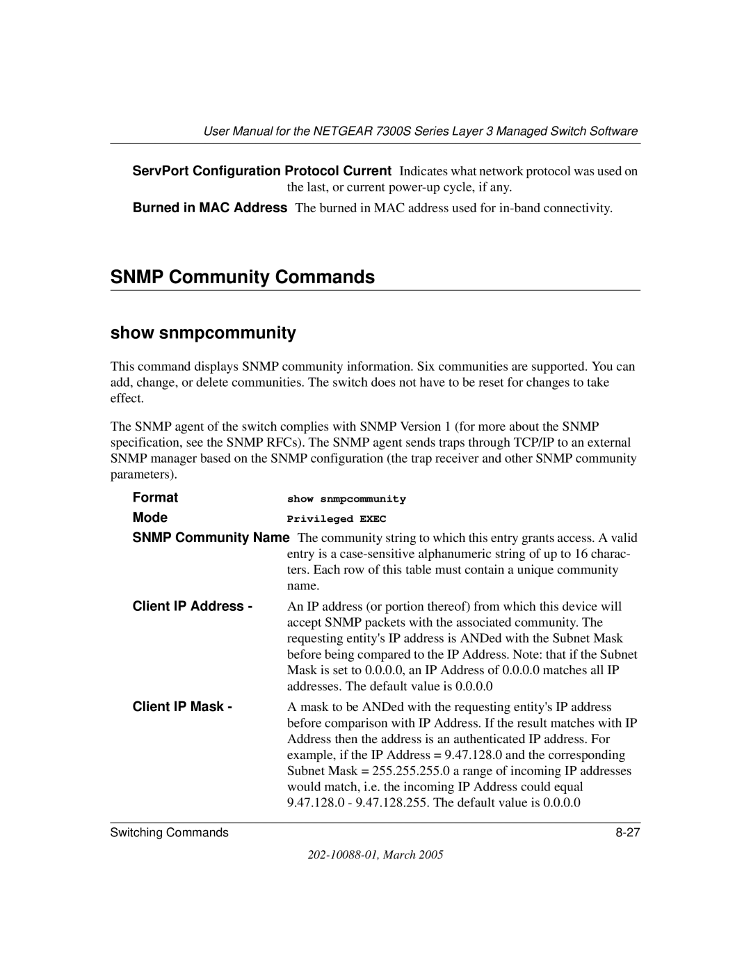 NETGEAR NETGEAR user manual Snmp Community Commands, Show snmpcommunity, Client IP Address, Client IP Mask 