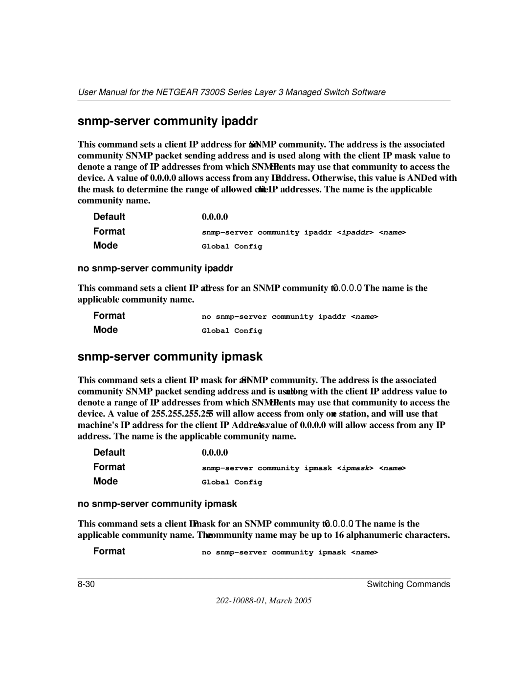 NETGEAR NETGEAR user manual Snmp-server community ipaddr, Snmp-server community ipmask, No snmp-server community ipaddr 