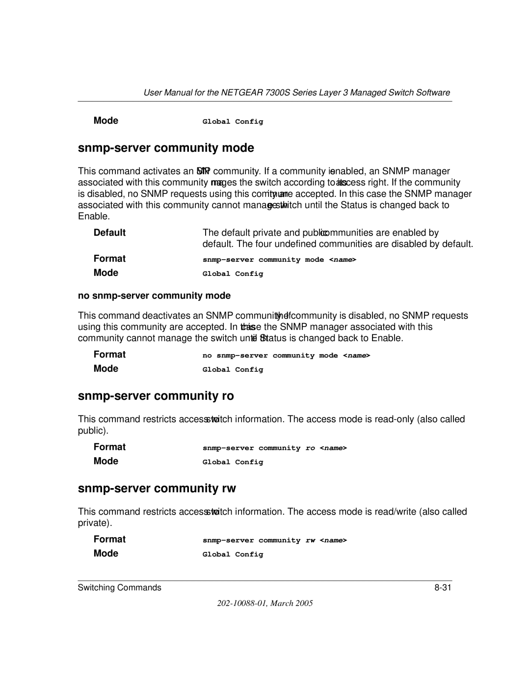 NETGEAR NETGEAR user manual Snmp-server community mode, Snmp-server community ro, Snmp-server community rw 