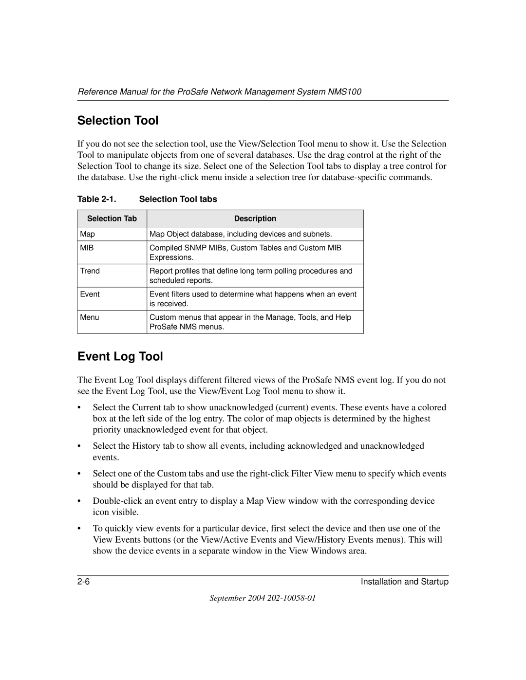 NETGEAR NMS100 manual Event Log Tool, Selection Tool tabs, Selection Tab Description 