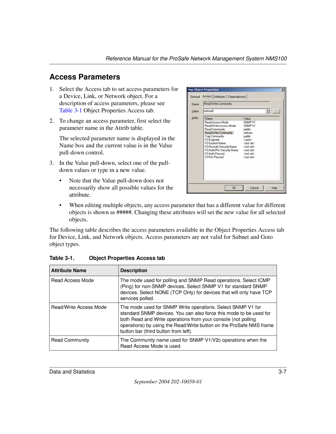 NETGEAR NMS100 manual Access Parameters, Object Properties Access tab, Attribute Name Description 