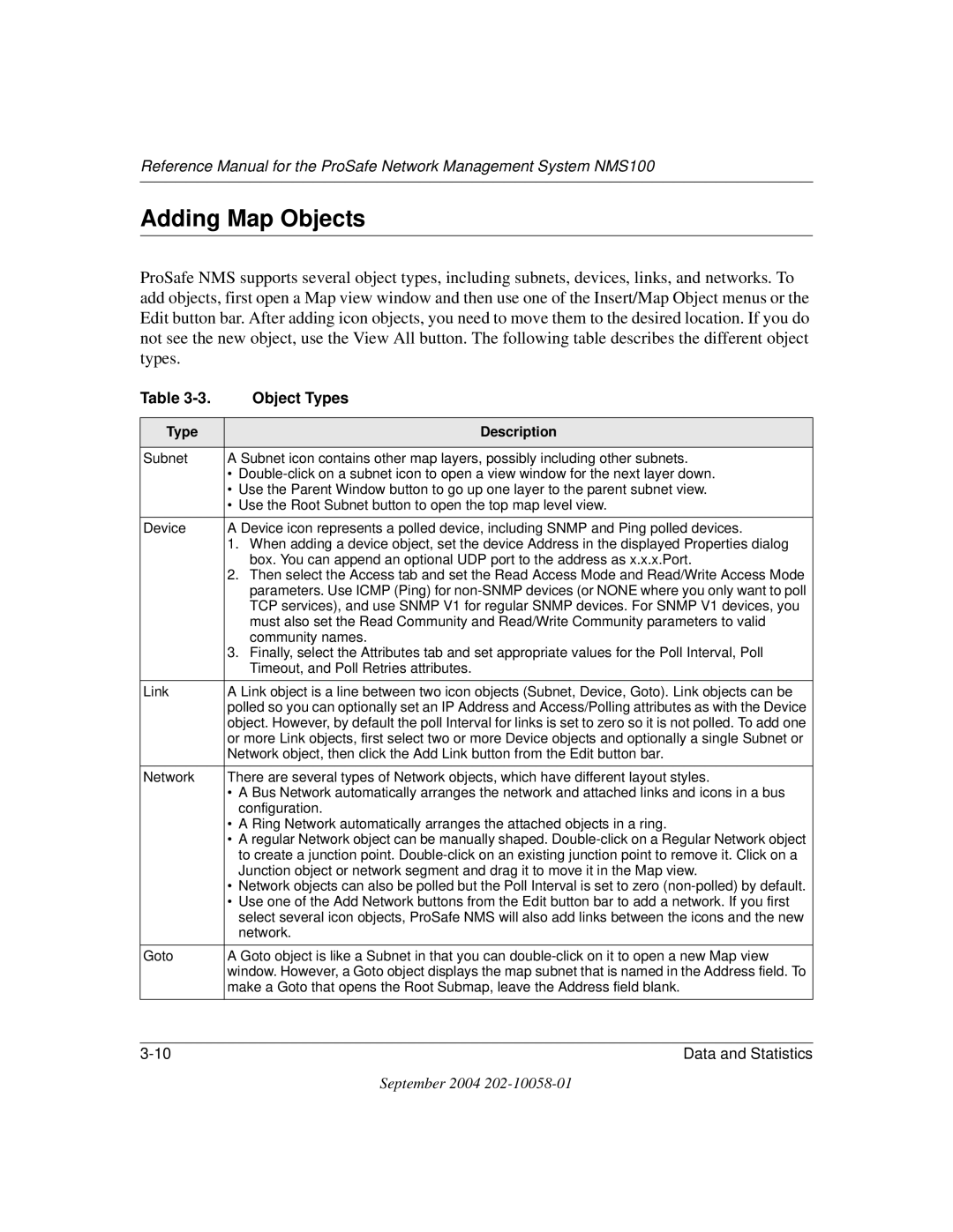 NETGEAR NMS100 manual Adding Map Objects, Object Types, Type Description 